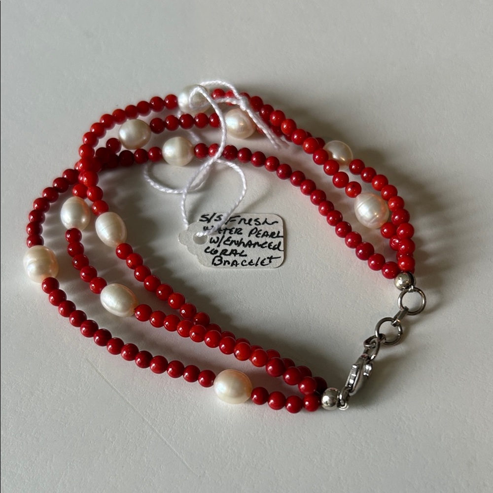 Sterling Silver fresh water pearl and red coral bracelet